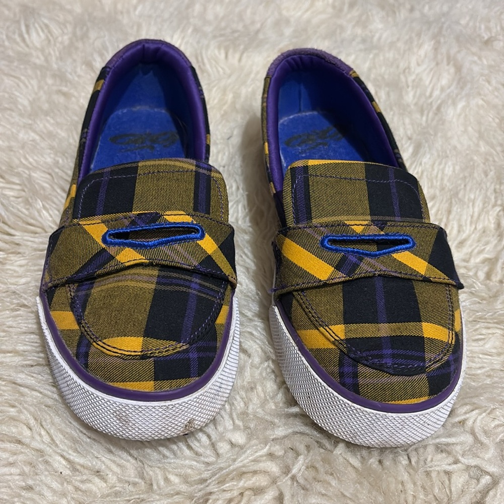 NIKE plaid slip ons penny loafers yellow purple blue 7.5 women’s funky golf